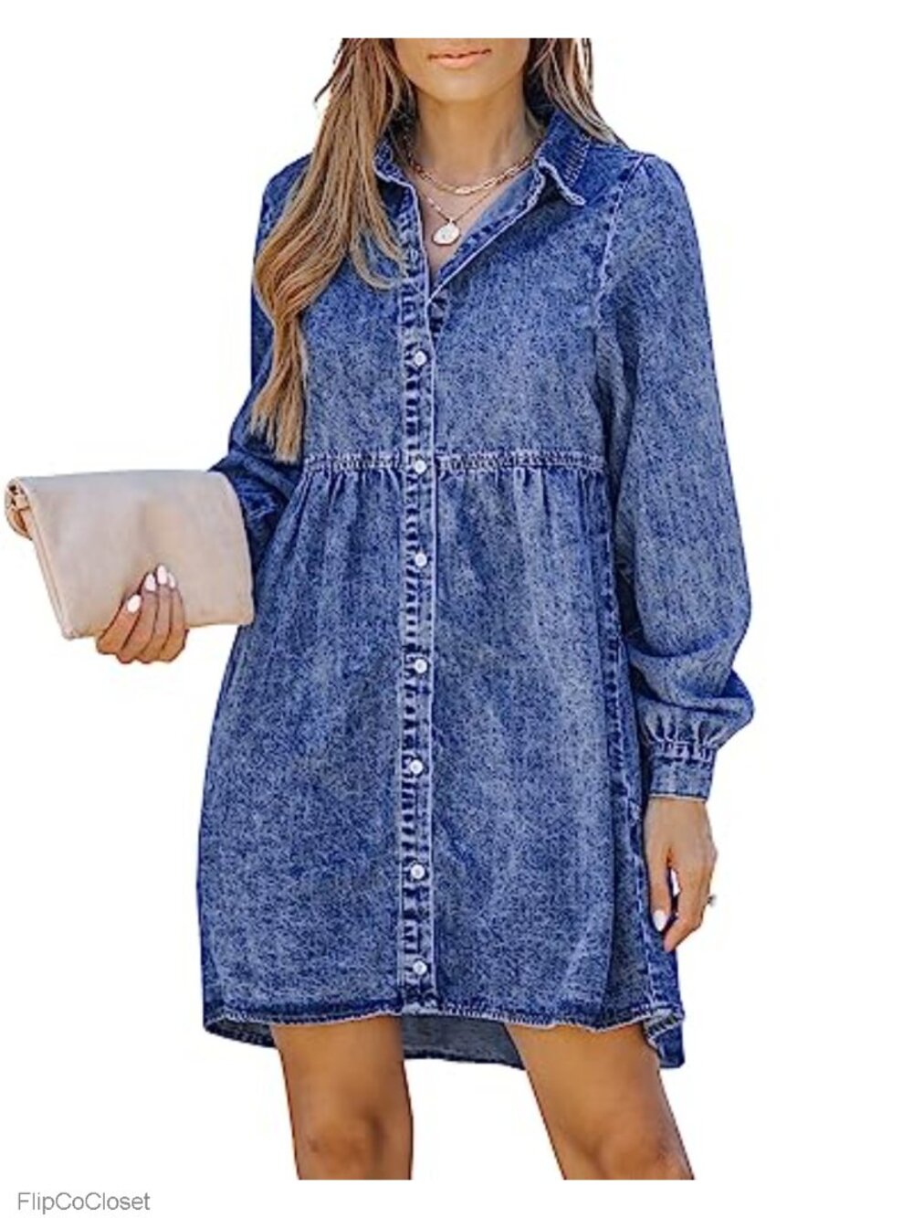 Long Sleeve Denim Dress Button Down Babydoll A-Line Jean Dress